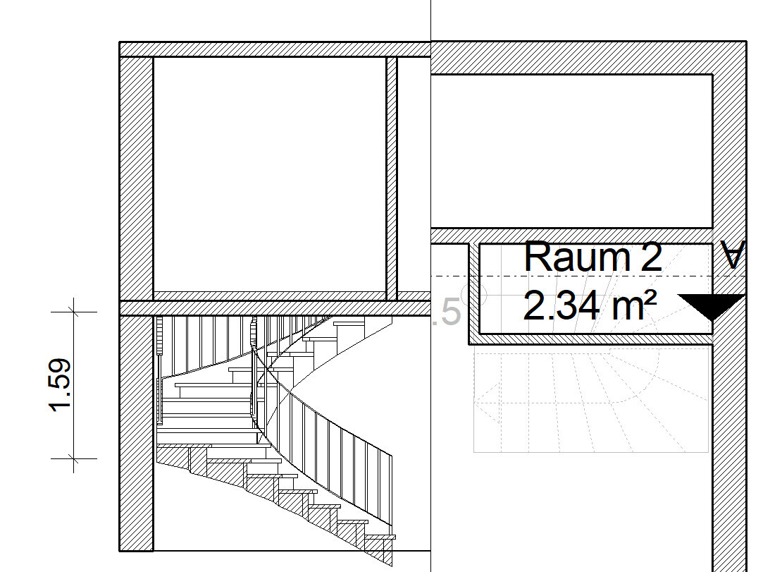Floor plan of a building section: stairwell at the bottom left and room 2 with 2.34 m² (25.2 sq ft).