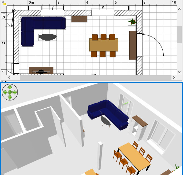Draufsicht: Grundriss des Wohn- und Essbereichs (blaues Sofa, Esstisch); 3D-Ansicht.