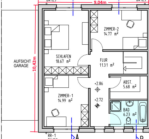 Grundriss eines Apartments: Schlafzimmer, Zimmer-1, Zimmer-2, Flur, Bad, Abstellraum; Garage links.