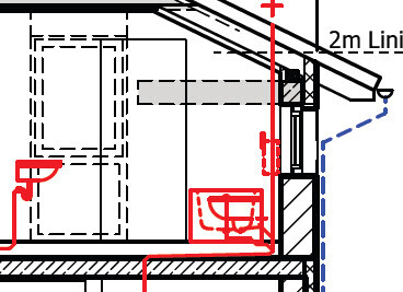 Architectural cross-section through the attic with walls, roof structure, and installations