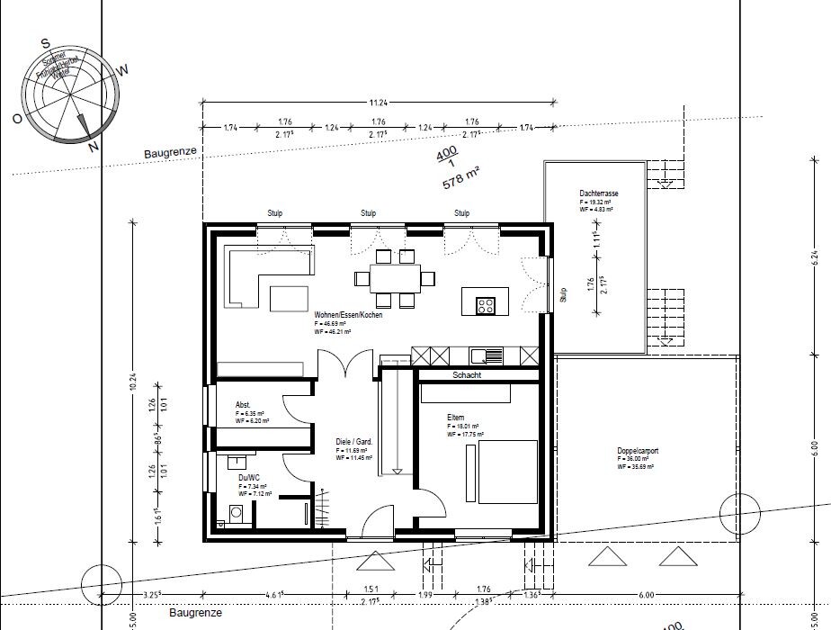 Floor plan of a house with living area, kitchen, bedroom and entrance