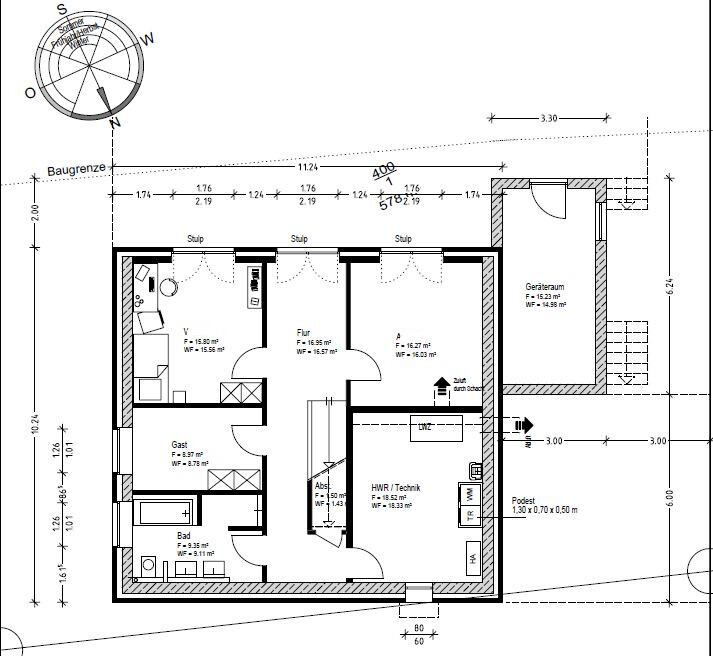 Floor plan of a single-family house: hallway, bathroom, kitchen, guest room, technical/utility room, equipment room.