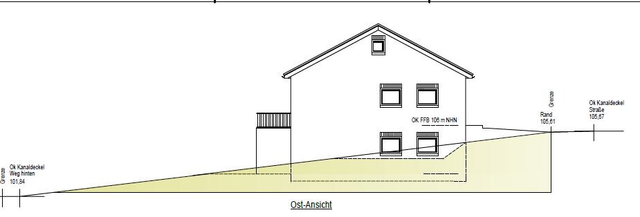East view of a house on a slope with balcony on the left and windows.
