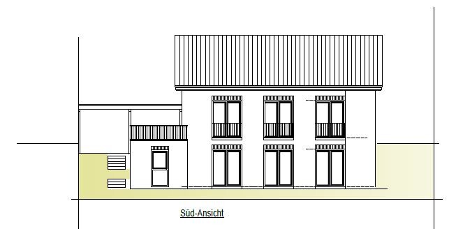 South view of a modern two-story house with roof, balconies and annex.