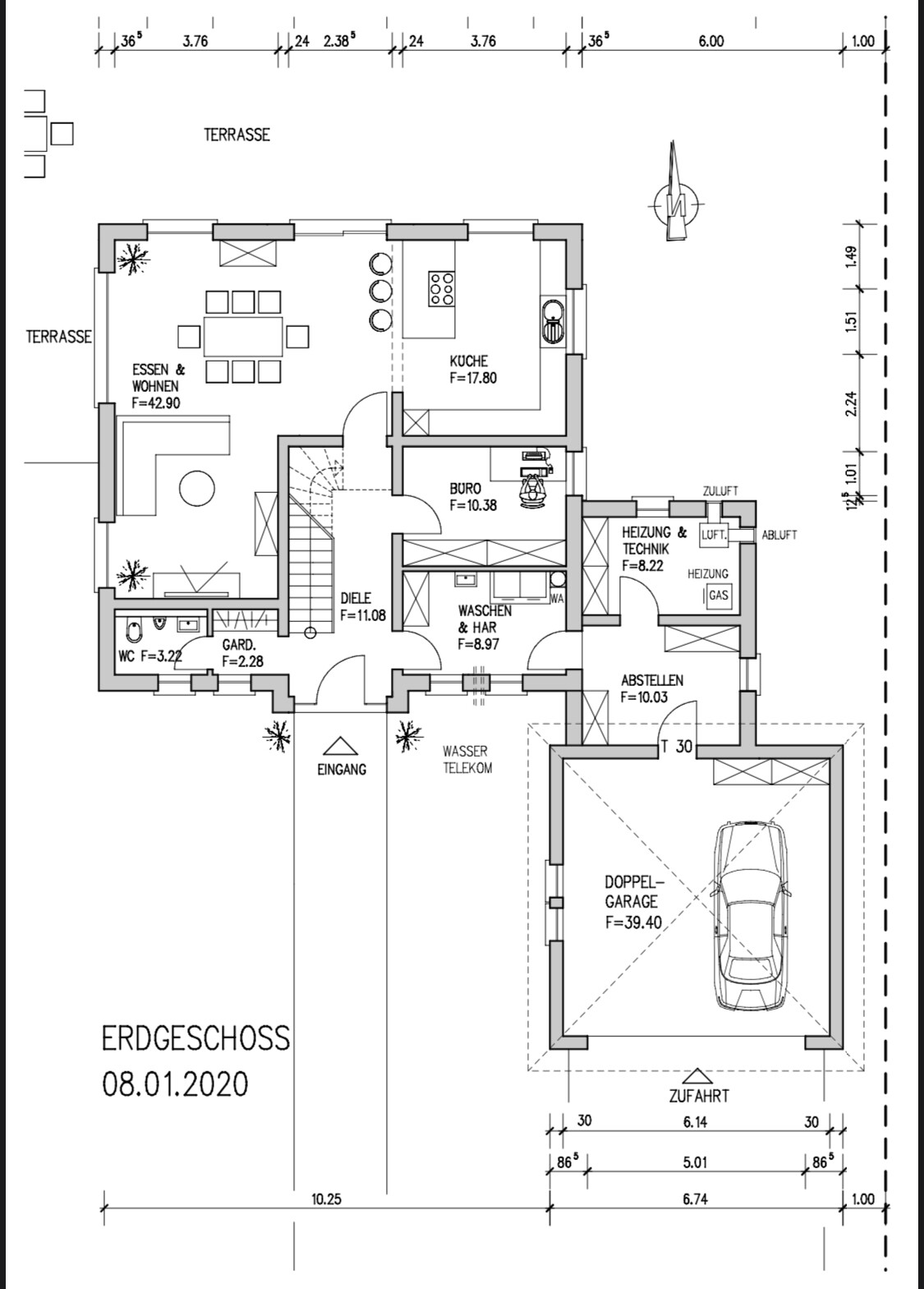 Ground floor plan: living and dining area, kitchen, office, laundry/technical room, garage & terrace.
