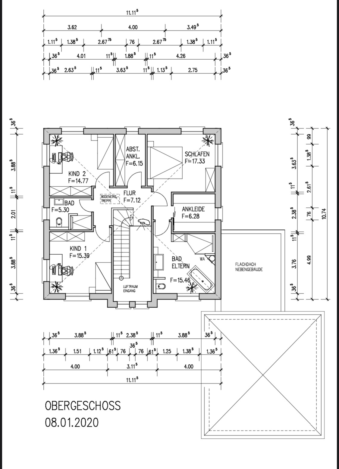 Upper floor plan: bedroom, dressing room, bathroom, 2 children's rooms, corridor, staircase