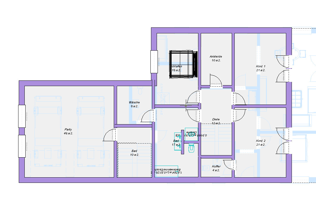 Grundriss eines Hauses: Garage für zwei Autos, Diele, Schlafen, zwei Kinderräume, Bad, Wäsche.