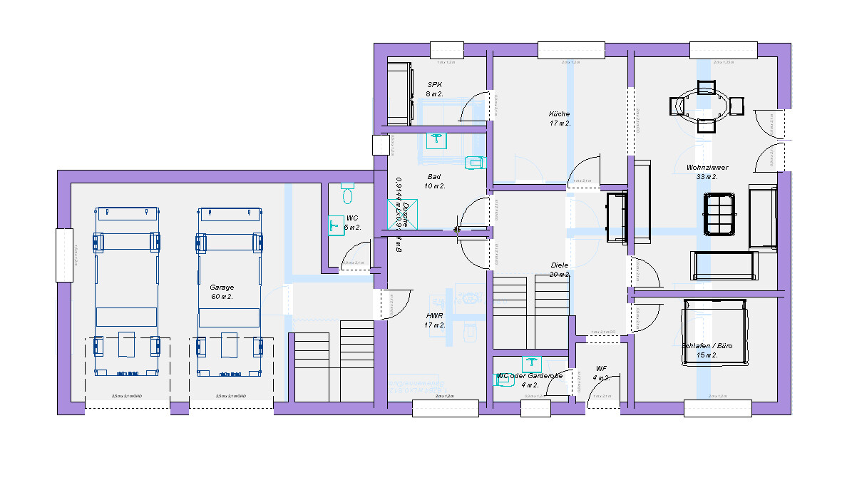 Grundriss eines Hauses: Garage mit zwei Autos, Diele, Küche, Wohnzimmer, Schlafen/Büro, Bad, WC, HWR