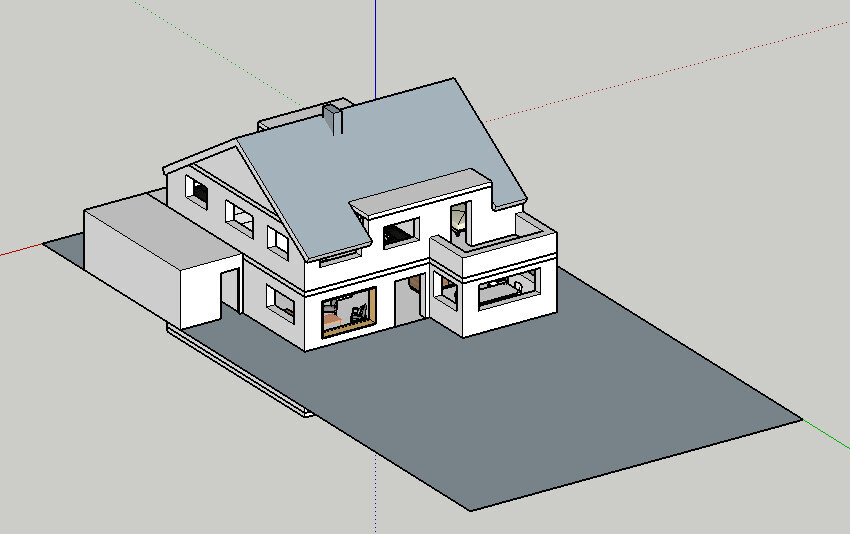 3D model of a modern two-story house with gray roof, extension, and large courtyard.