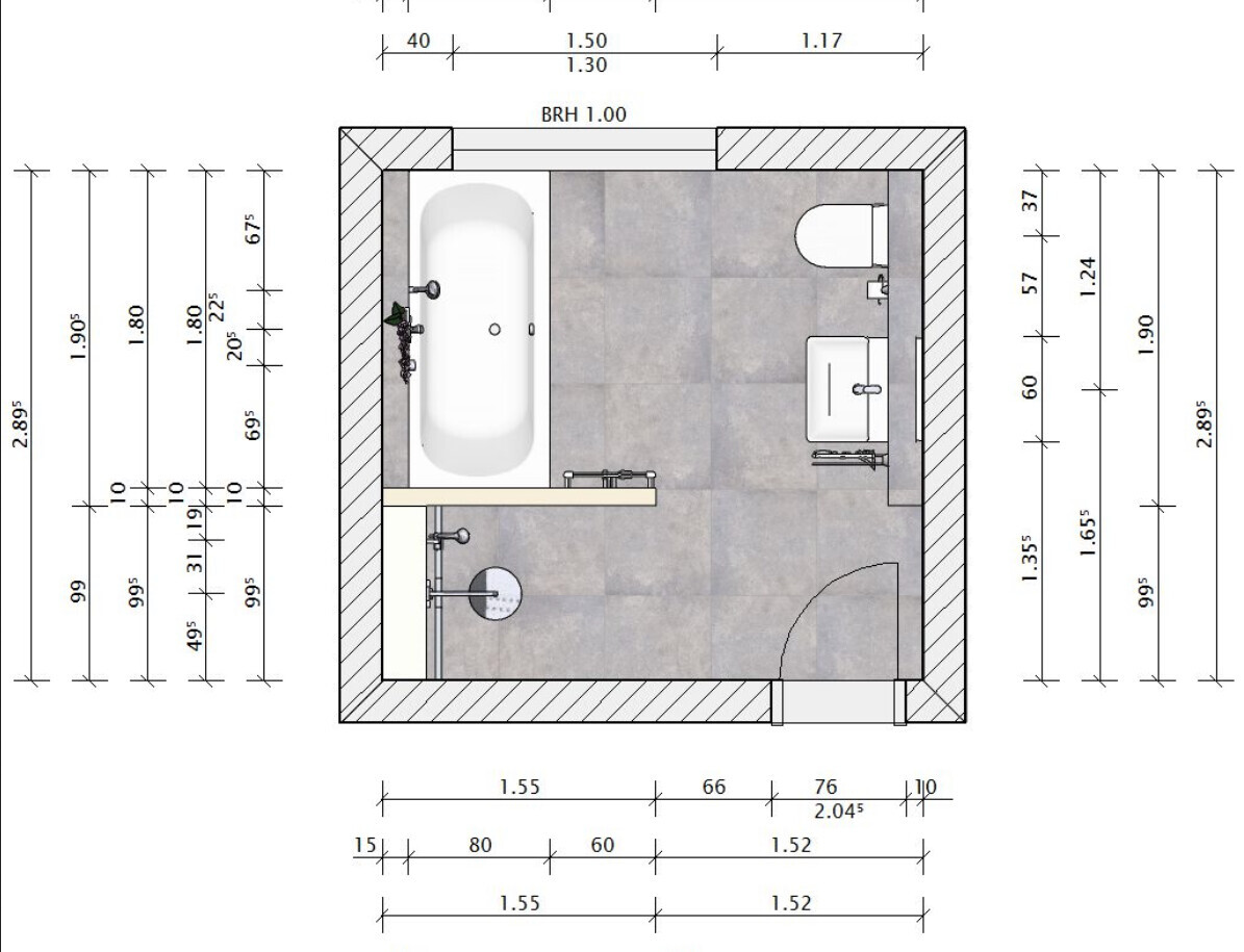 Bathroom floor plan: bathtub on the left, shower bottom left, washbasin and toilet on the right, door.