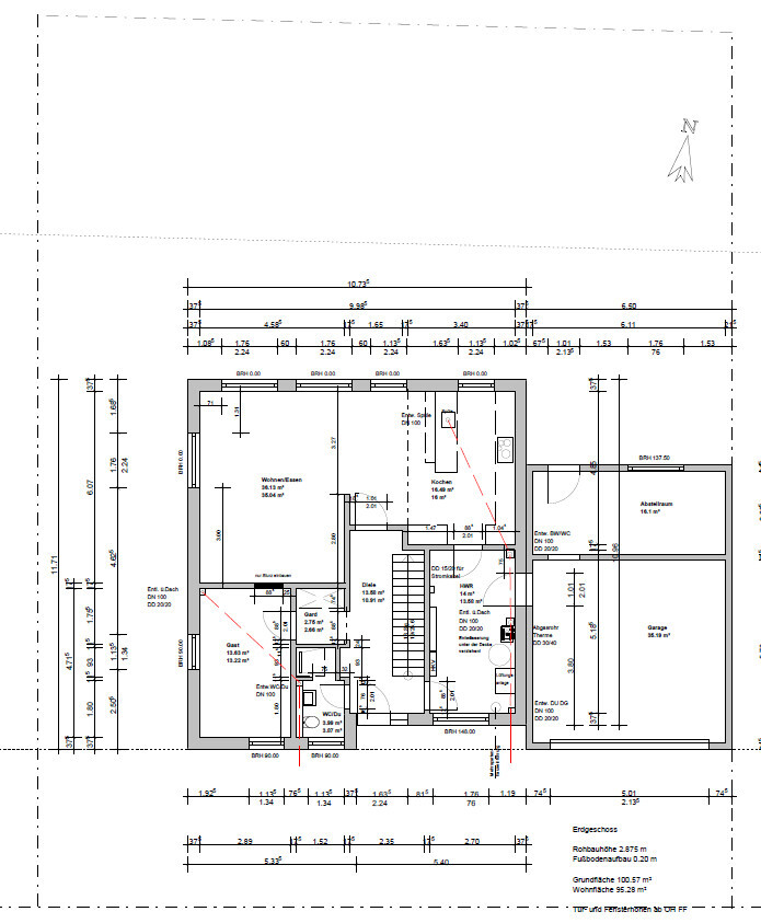 Grundriss Erdgeschoss: Küche, Wohnzimmer, Flur, Abstellraum, Garage