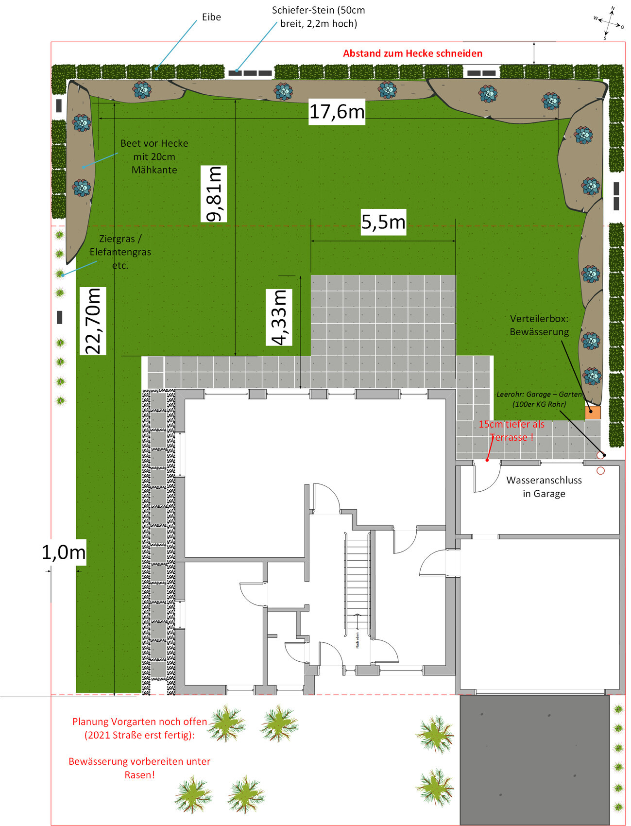 Gartenplan eines Hauses mit Terrasse, Rasen, Beete, Wegen, Heckenrand und Bewässerung.