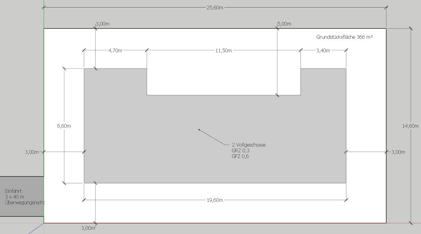 Site plan: building with two full floors, dimension lines, and plot area of 366 m²