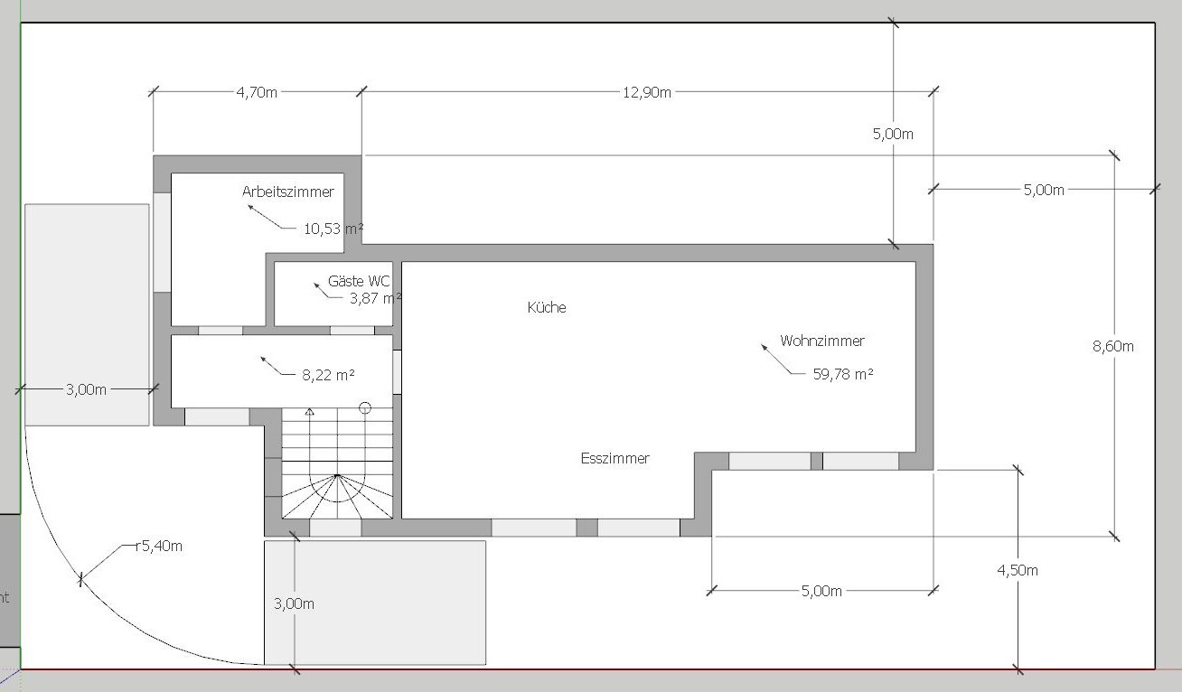 Floor plan of a house with kitchen, living room, dining room, office, guest WC, and stairs.