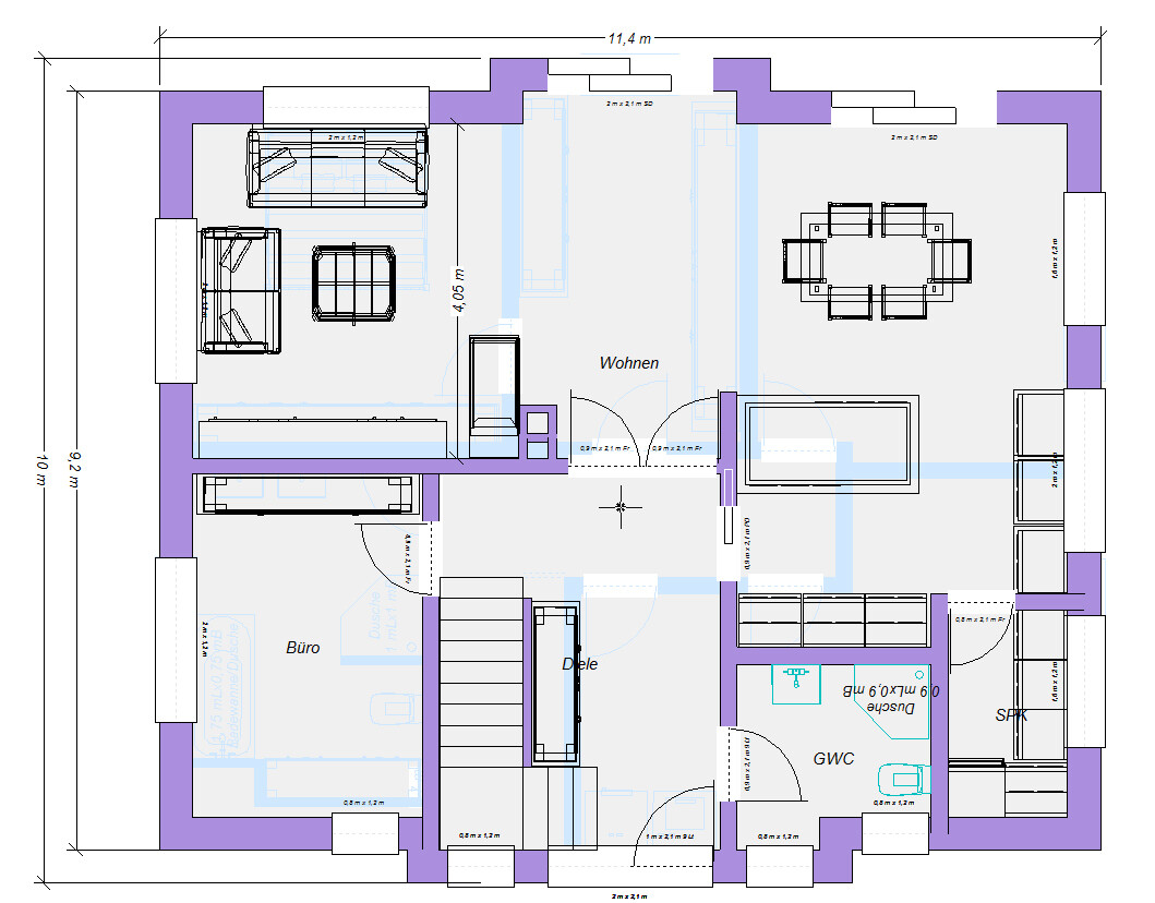 2D floor plan of a house with living room, office, hallway, and stairs