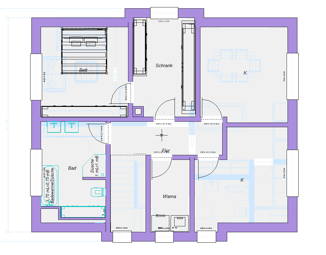 Floor plan of an apartment with bedroom, bathroom, corridor, kitchen, laundry room, and closet.