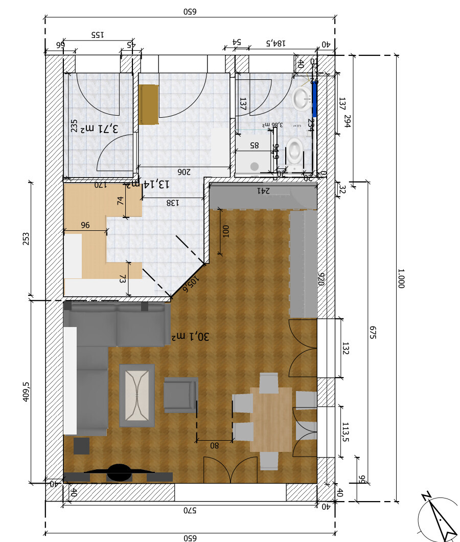 Grundriss eines Apartments: Wohnzimmer, Küche, Essbereich, Schlafzimmer und Bad mit Maßen.