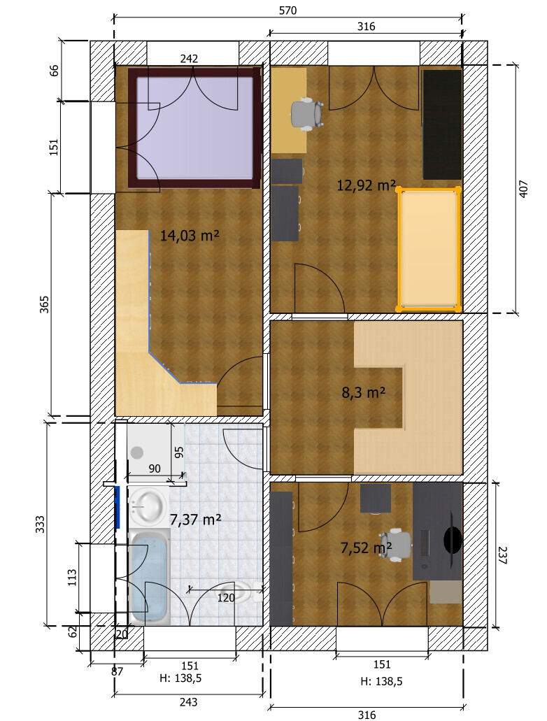 Grundriss einer Wohnung mit Bett, Sofa, Tisch, Bad und Arbeitsbereich.