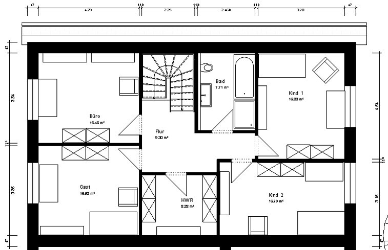 Floor plan of a residential house with staircase, hallway, bathroom, office, guest room, two children’s rooms, utility room.