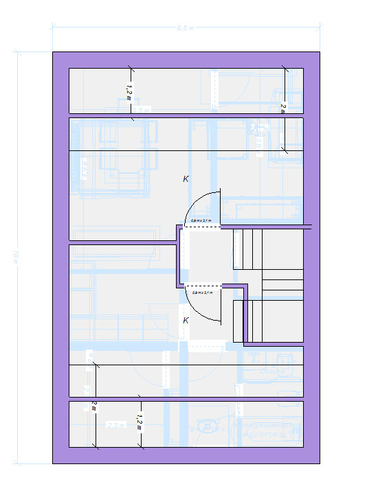 Two-dimensional floor plan of a house with staircase and doors, purple frame.