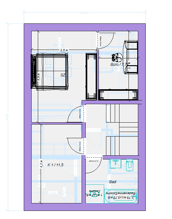 2D floor plan of a residential house with bedroom, office and bathroom showing interior layout
