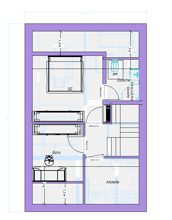 Floor plan of an interior: bedroom, office, storage space and shower, with stairs.