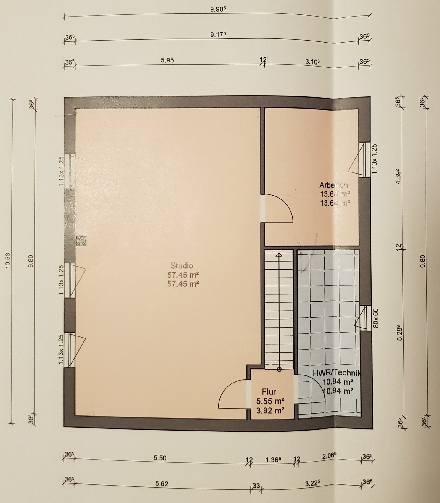Floor plan of a studio with office, hallway and utility/technical room.