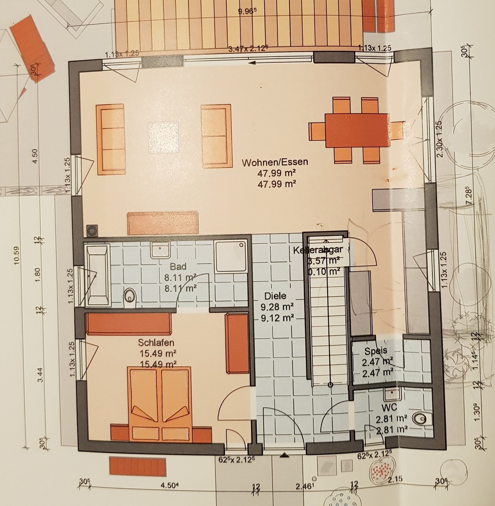 Floor plan of a house with living/dining, kitchen, bathroom, bedroom, hall, WC, pantry, basement.