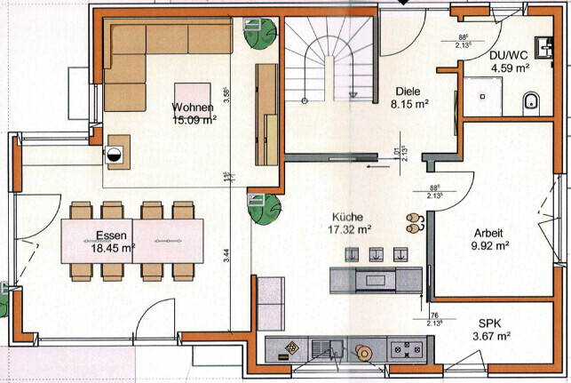 Two-dimensional floor plan of a house with living room, kitchen, dining area and hallway.