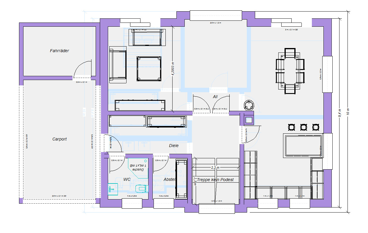 Floor plan of a house with carport, bike room, entrance hall, WC, storage room, and living room.
