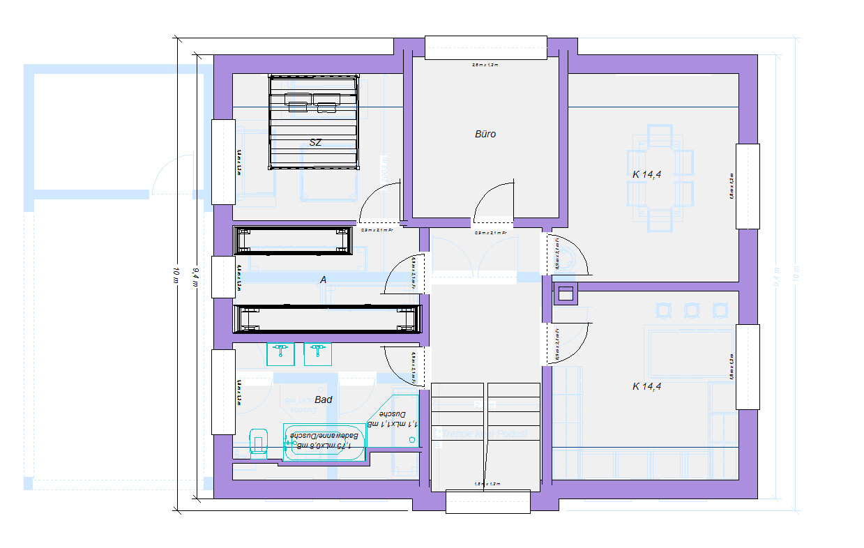 Floor plan of a house with office, kitchen, bathroom, hallway, and staircase.