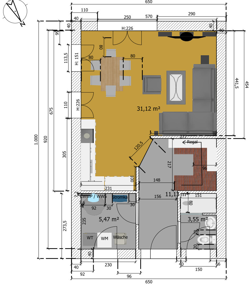 Floor plan of an open living and kitchen area with dining table, sofa, armchair, kitchen, hallway, and bathroom.