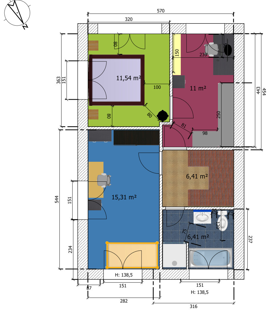 Floor plan of a living layout: colored rooms with measurements (11.54 m², 11 m², 15.31 m², 6.41 m²).