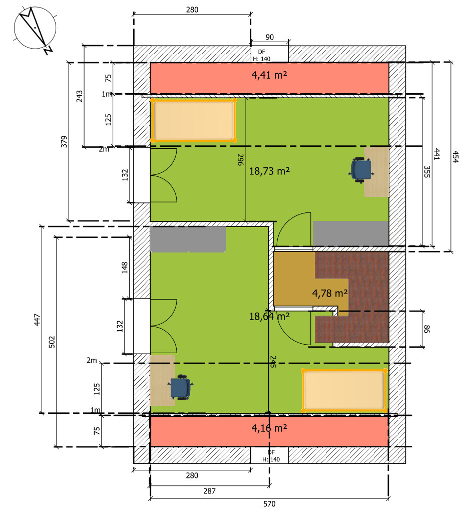Floor plan of an interior with green marked areas, orange furniture outlines, doors, and measurements.