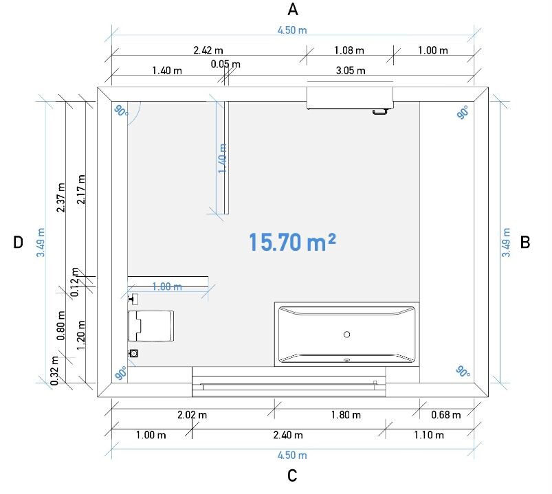 Badezimmer-Grundriss: Rechteck, Badewanne unten rechts, Waschbecken links unten, Tür oben.