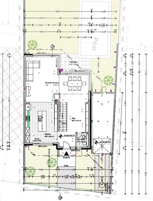 Ground floor plan: living/dining room, kitchen, hallway, WC, terrace, garden, outdoor pool.