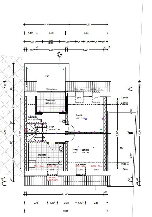 Floor plan of an upper floor with studio, hallway, shower, utility/technical room, terrace, storage room.