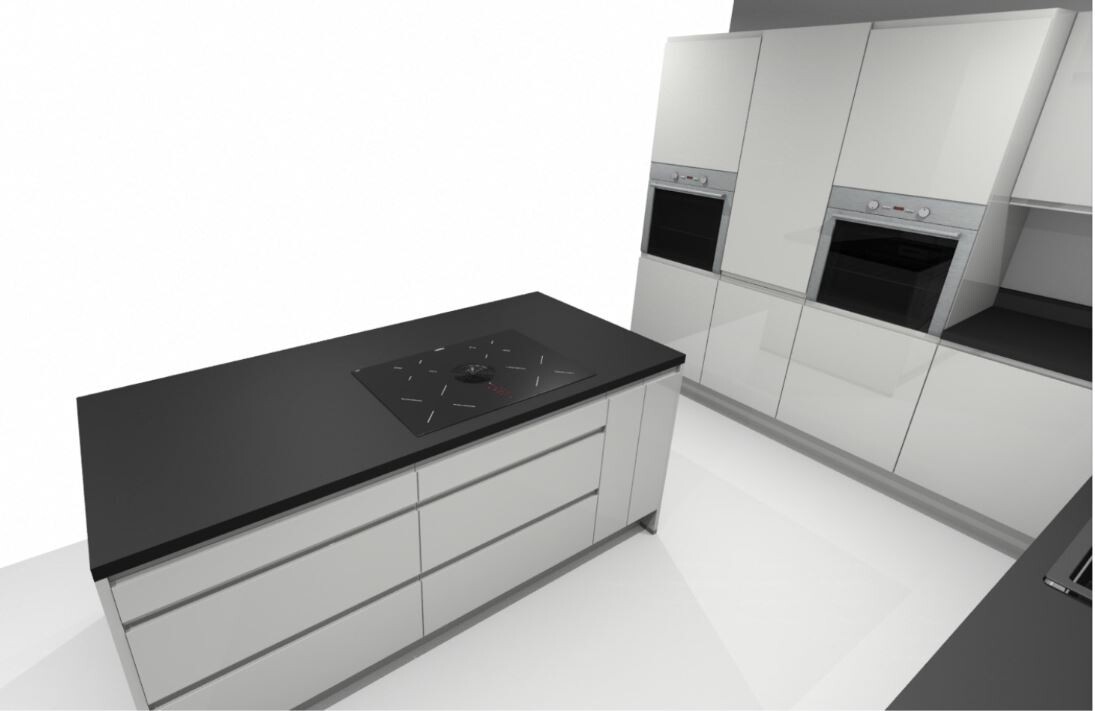 Modern kitchen with island, induction cooktop and built-in ovens in white cabinets