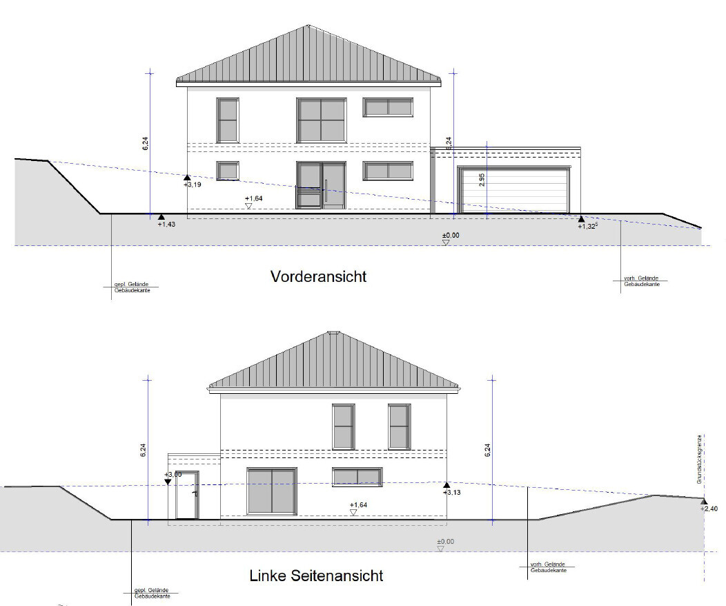 Architectural drawing of a two-story house with a pitched roof; front and left side view