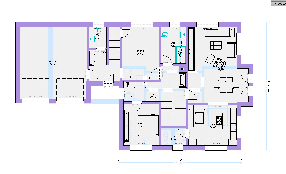 Detaillierter Grundriss eines Hauses mit Garage, Wohnzimmer, Küche, Esszimmer, Schlafzimmer, Bad.