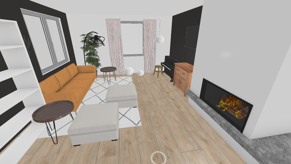 Living room with orange sofa, two white poufs, fireplace, piano, plant, window with curtains.