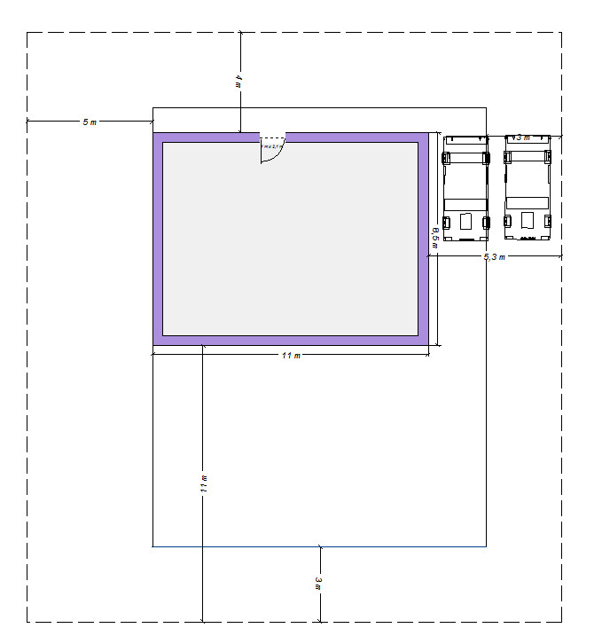 Floor plan of a building: gray interior, purple outline, two cars on the right.