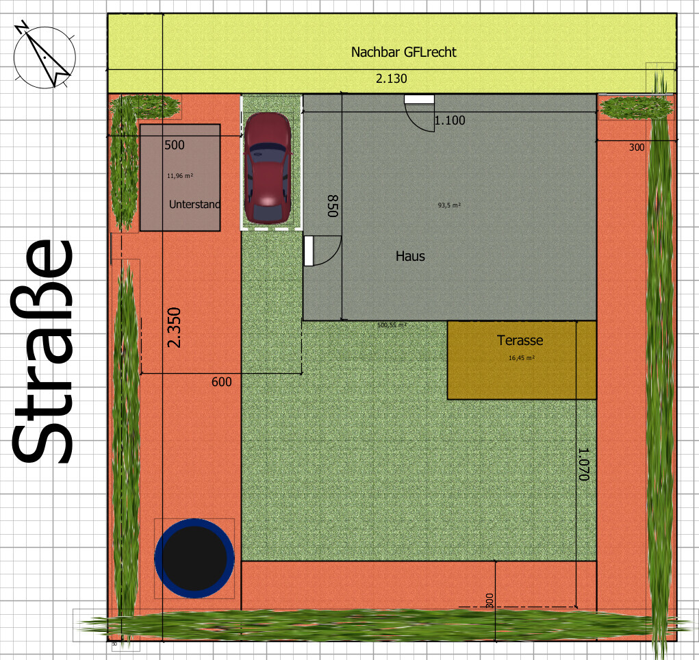 Grundriss eines Hauses mit Hof, Terrasse, Gartenflächen und Parkfläche.