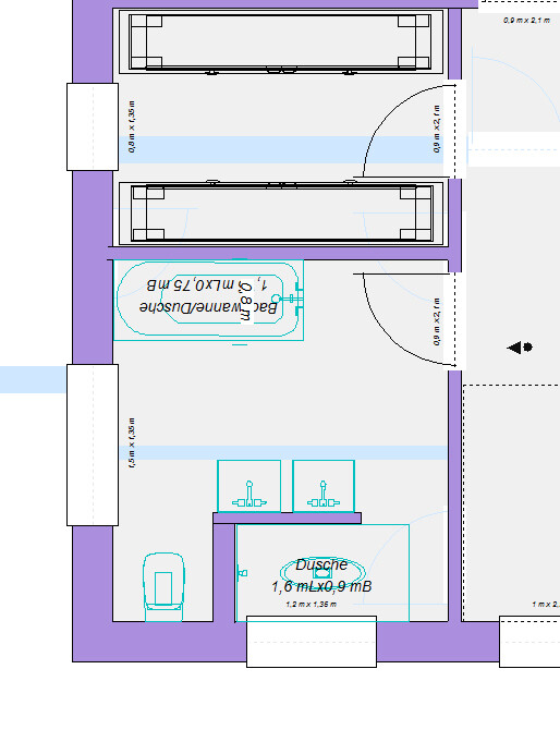 Floor plan of an interior with shower, toilet, sink, and seating.
