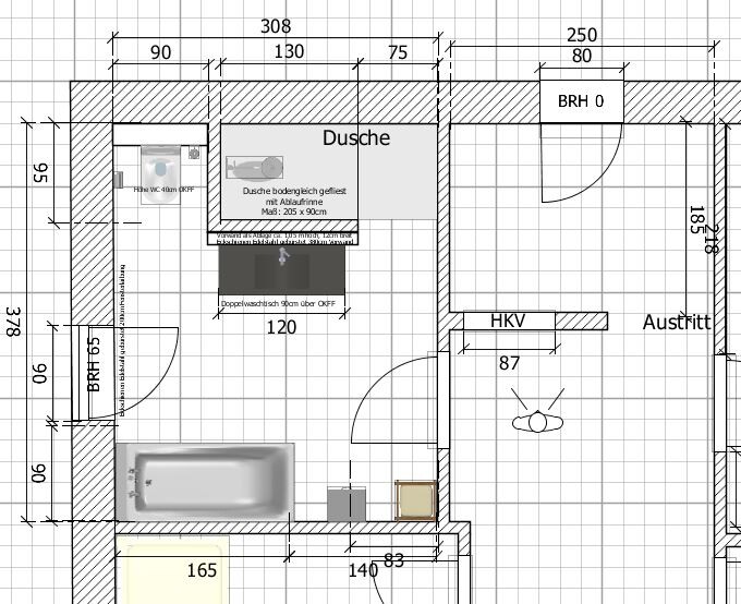 Floor plan of a bathroom with shower, bathtub, sink, doors, and dimension lines.