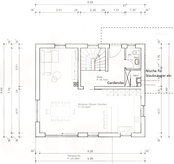 Grundriss Erdgeschoss: Wohnzimmer, Ess- und Kochbereich, Terrasse, Garderobe, Diele, Treppe, WC.
