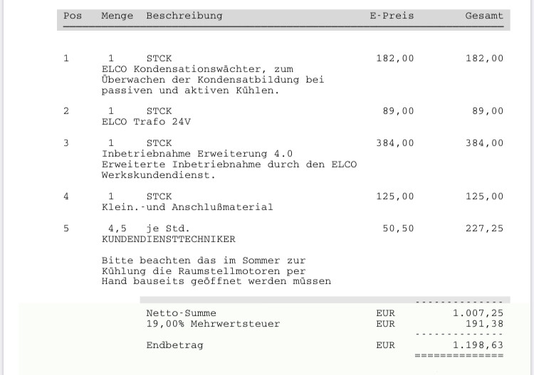 Invoice with items: condensate monitor, 24V transformer, commissioning 4.0, materials.