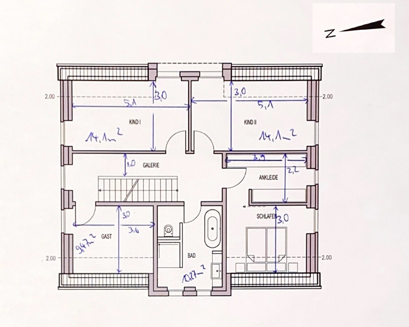 Floor plan of an upper floor with two children's rooms, bedroom, bathroom, dressing room, guest room.