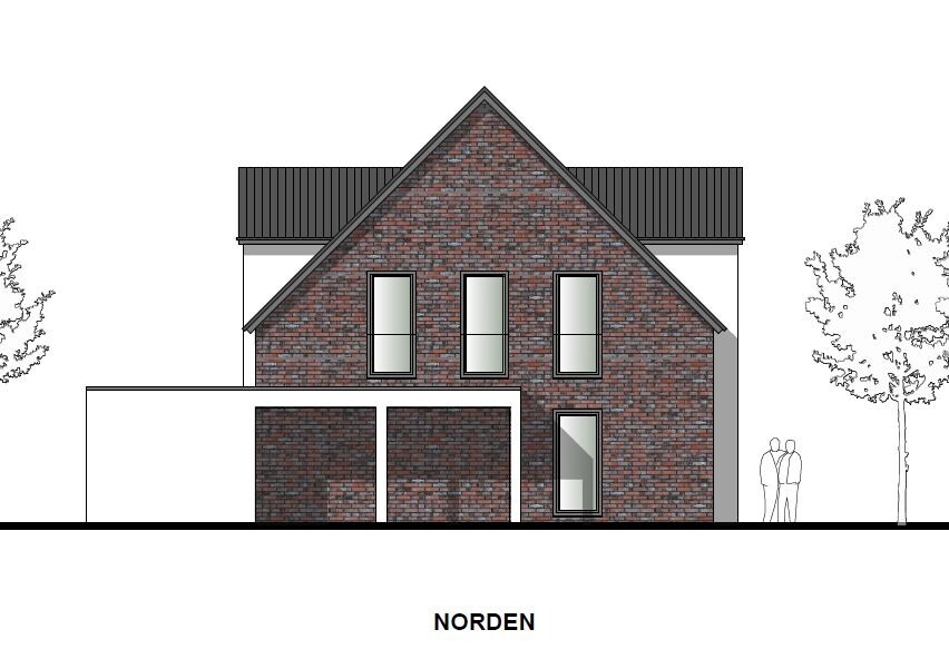 Two-story house with red brick, gable roof, garage on the left, glass door and window front, trees on the side.