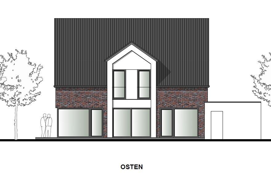 Detached house with dark gable roof, brick facade and large window fronts; east view.